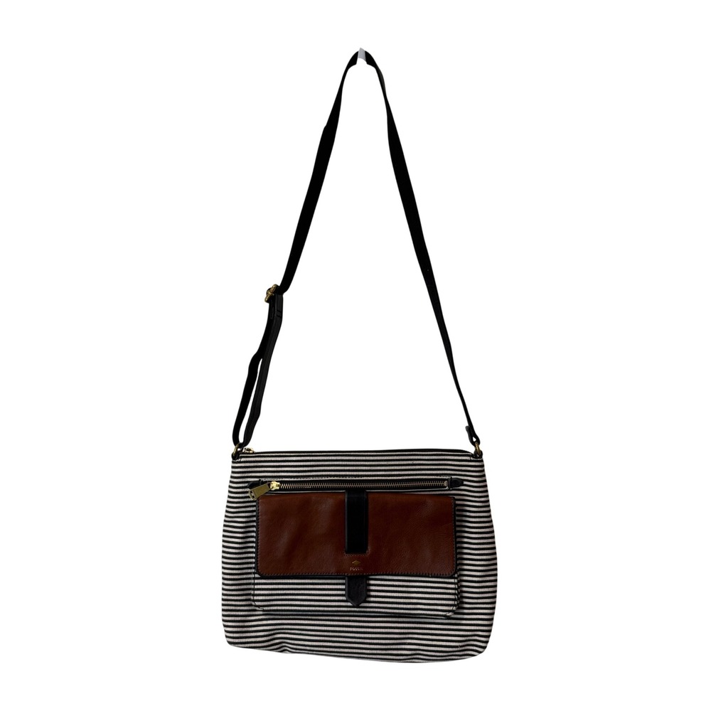 Fossil Womens Kinley Crossbody Bag Medium Black White Striped Canvas Leather